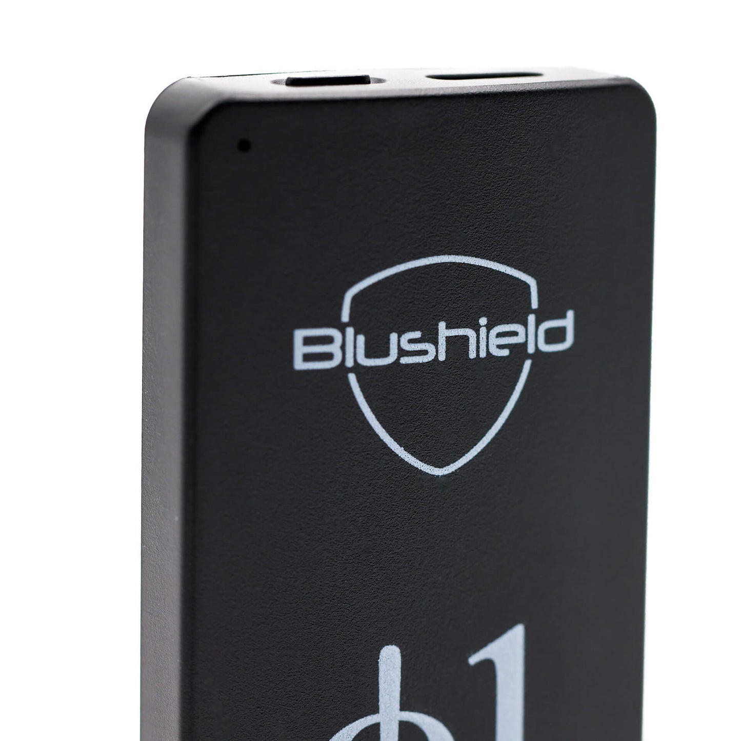 
                  
                    An up close photo of the Blushield logo on the Phi 1 portable
                  
                