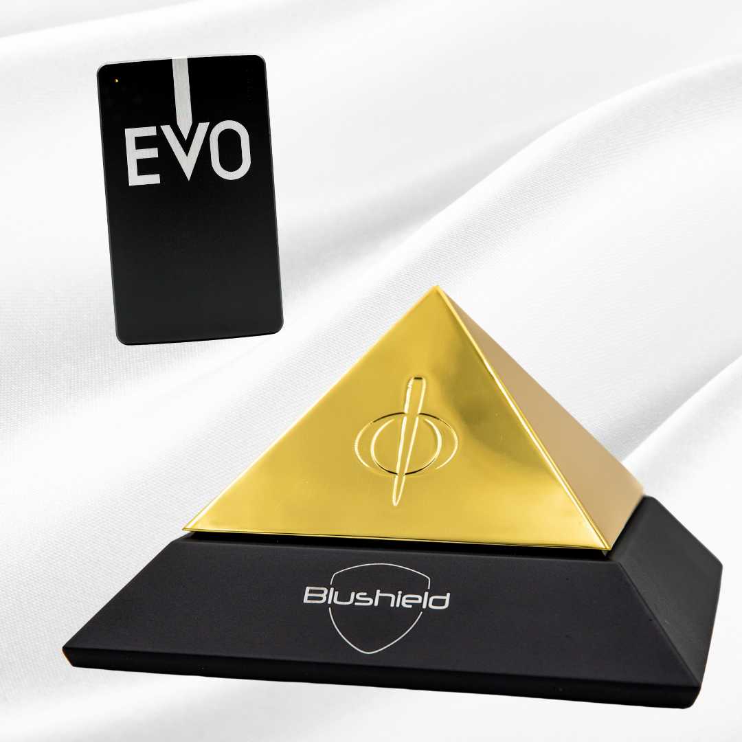 Pictured is the EVO Pyramid bundle pack that includes the EVO Pyramid stationary and the EVO portable Blushield devices