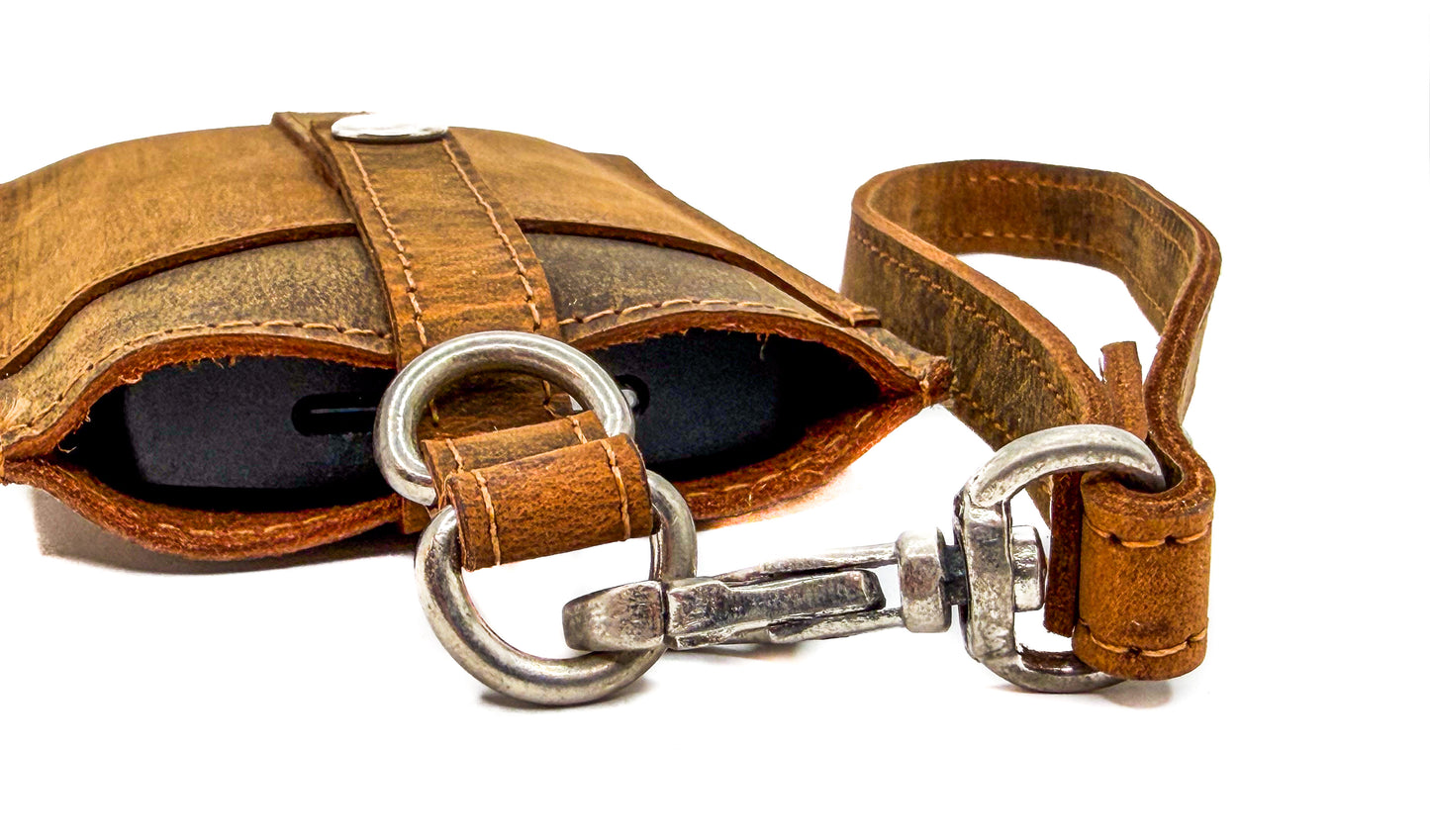 
                  
                    An up close view of Blushield's brown leather pouch that protects the larger portable devices
                  
                