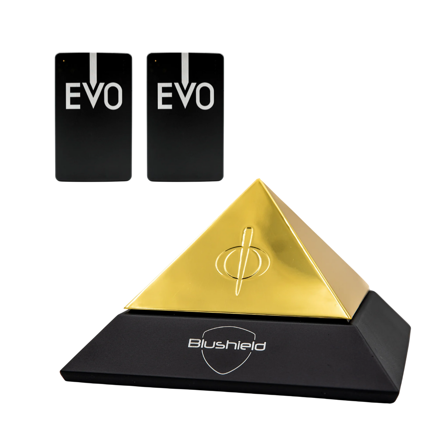 Blushield Deluxe EVO Pyramid Bundle — the EVO Pyramid shown with portable EMF protection devices