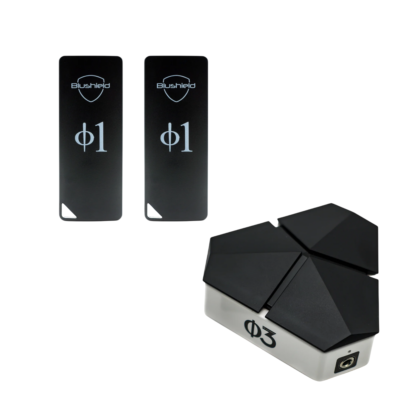 Blushield Deluxe Phi Φ3 Bundle — the Phi 3 device shown with portable EMF protection devices