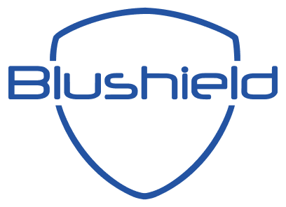 Pictured is the Blushield logo. The blue text reads Blushield and is surrounded by a blue shield.