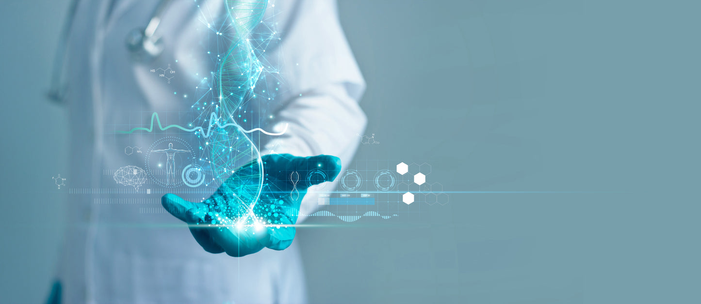 Image of a scientist in a white coat with blue gloves holding an abstract DNA double helix with health measurements in the background- EMF PROTECTION  - 